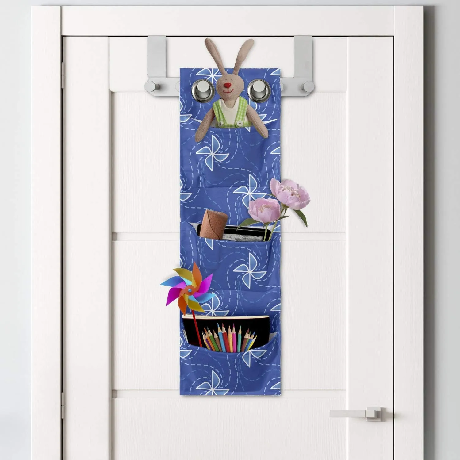 Ambesonne Pinwheel Hanging Pocket Organizer, Wind Farm Turbines Map Pattern with Renewable Energy Nature Eco, Printed Polyester Storage Bag with Pockets, 9" x 27", Blue and White