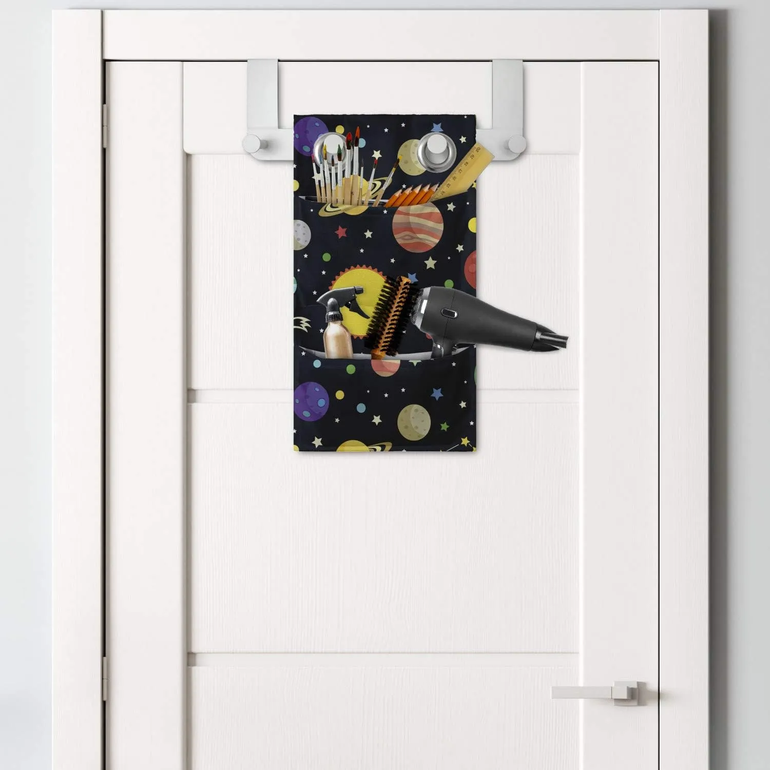 Ambesonne Space Hanging Pocket Organizer, Comets and Constellations Stars with Polka Dots Earth Sun Saturn Mars Solar System, Printed Polyester Storage Bag with Pockets, 9" x 16", Multicolor