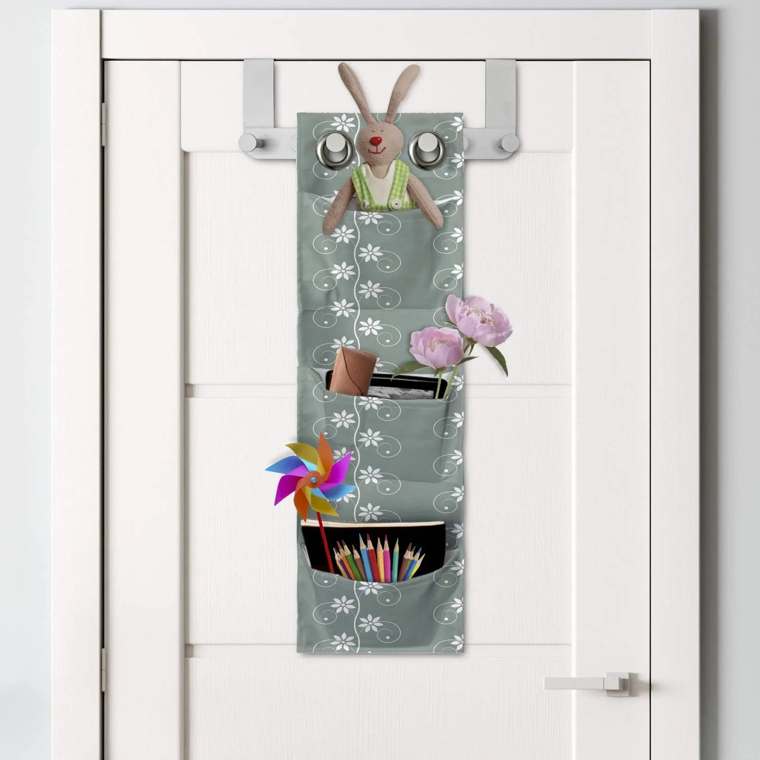 Ambesonne Spring Hanging Pocket Organizer, Old Fashion Flowers with Rococo Influences Essence Lace Pattern Print, Printed Polyester Storage Bag with Pockets, 9" x 27", Pale Sage Green White