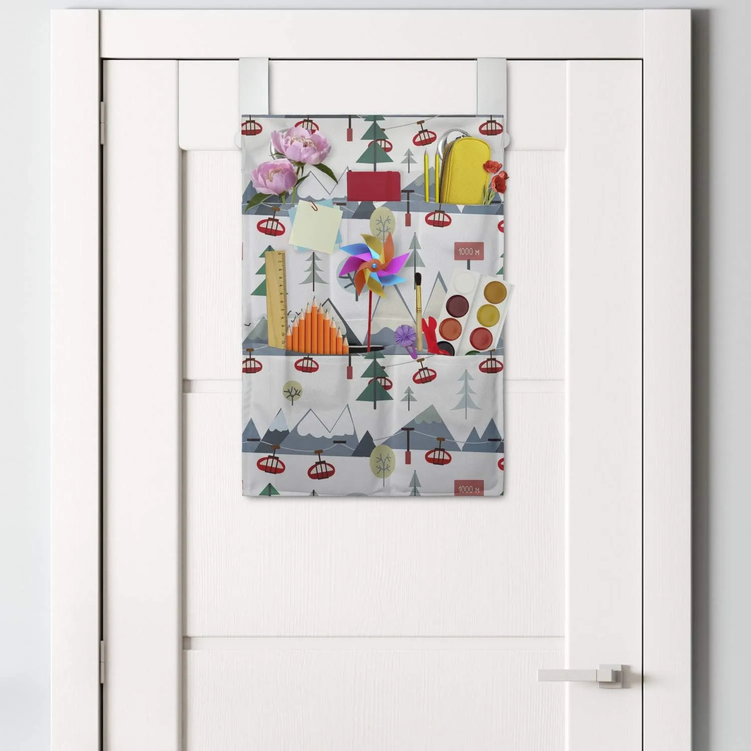 Ambesonne Winter Hanging Pocket Organizer, Snow Capped Mountains Trees and Elevators Ski Resort Setting, Printed Polyester Storage Bag with Pockets, 14" x 20", Blue Grey Dark Pink