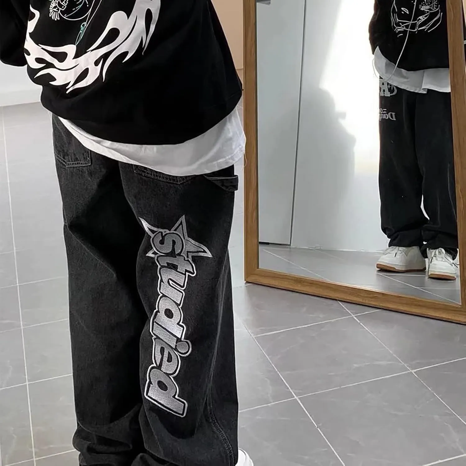 American Vintage Denim Pants ins Trendy European and American Hiphop Fried Street Jeans Men's Wide Leg Pants