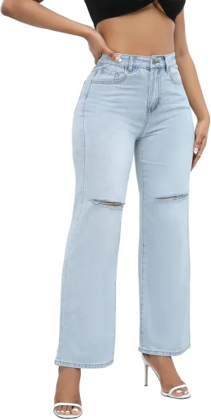 Aodrusa Ripped Wide Leg Jeans for Women Mom Baggy Straight Leg Stretchy Boyfriend Trendy Trouser Denim Pants