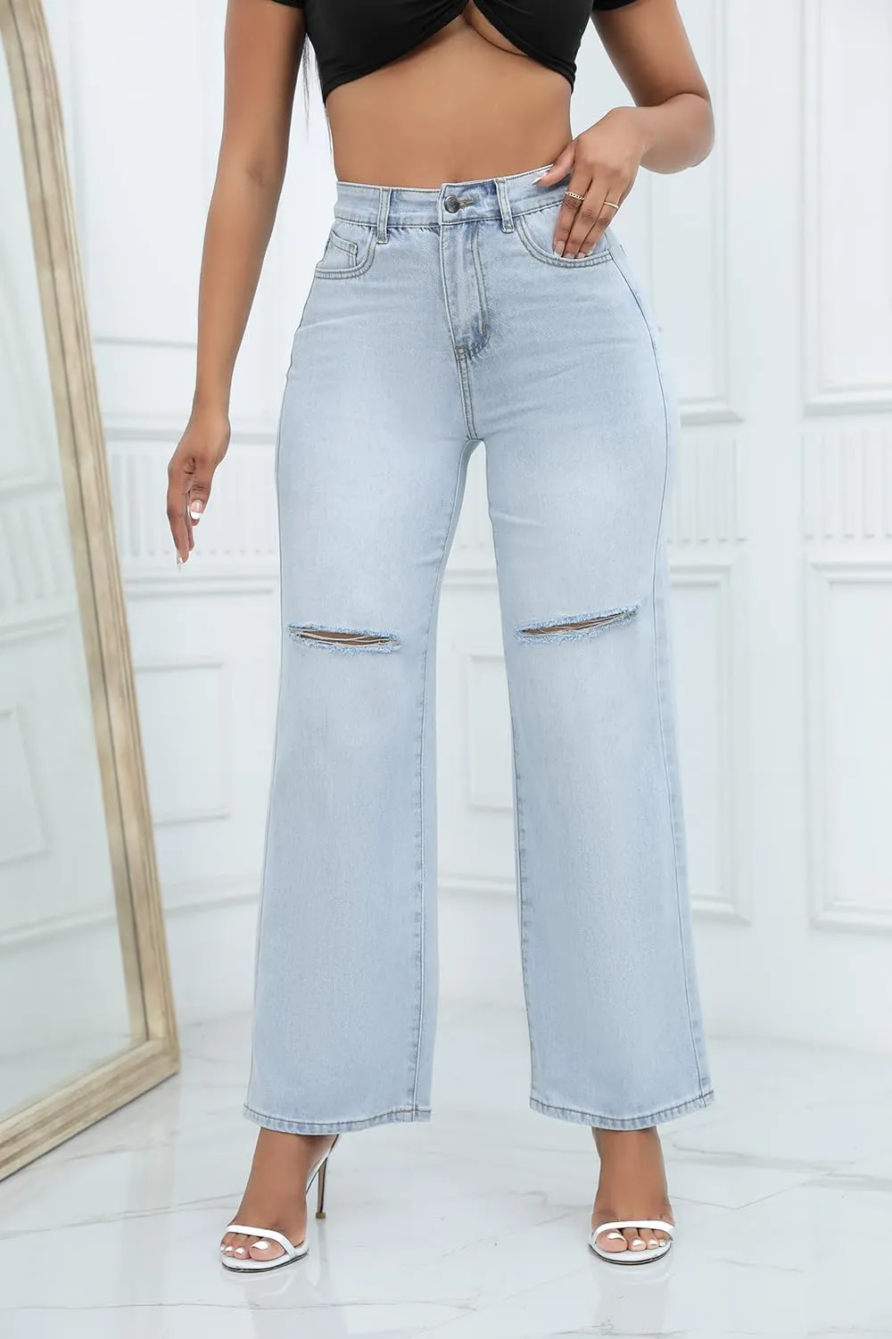 Aodrusa Ripped Wide Leg Jeans for Women Mom Baggy Straight Leg Stretchy Boyfriend Trendy Trouser Denim Pants