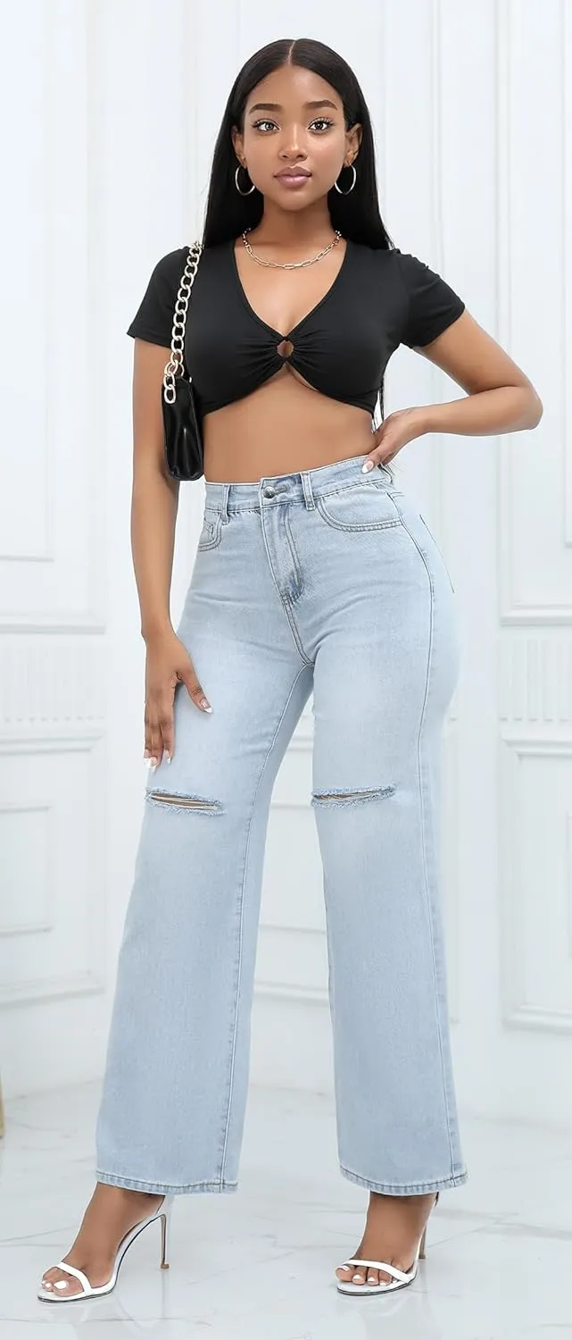 Aodrusa Ripped Wide Leg Jeans for Women Mom Baggy Straight Leg Stretchy Boyfriend Trendy Trouser Denim Pants