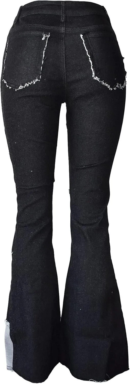 Aodrusa Women Frayed Patch Jeans High Waist Raw Hem Denim Y2k Pants Boyfriend