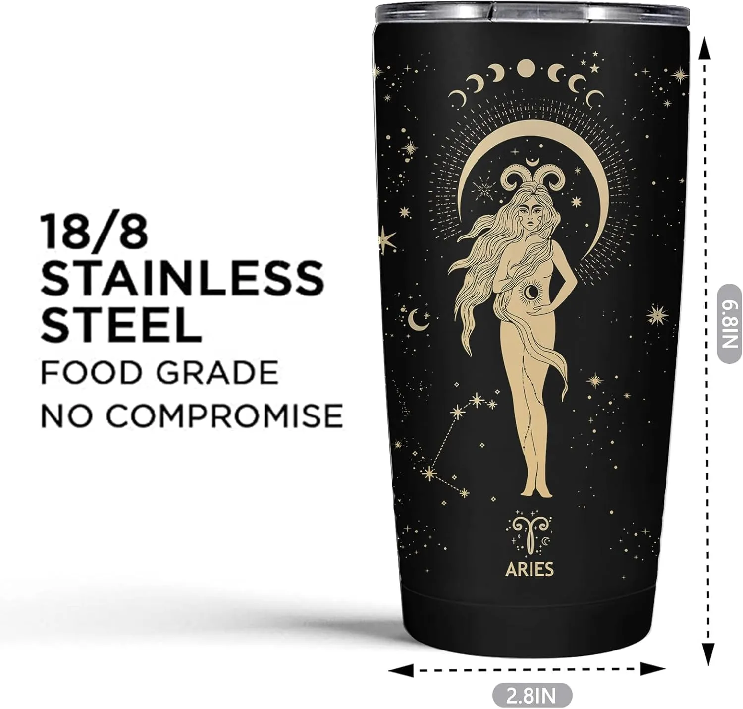 Aries Zodiac Cup, 20oz Astrology Tumbler, Witchy Gothic Gift - Stainless Steel Insulated Constellation Cup