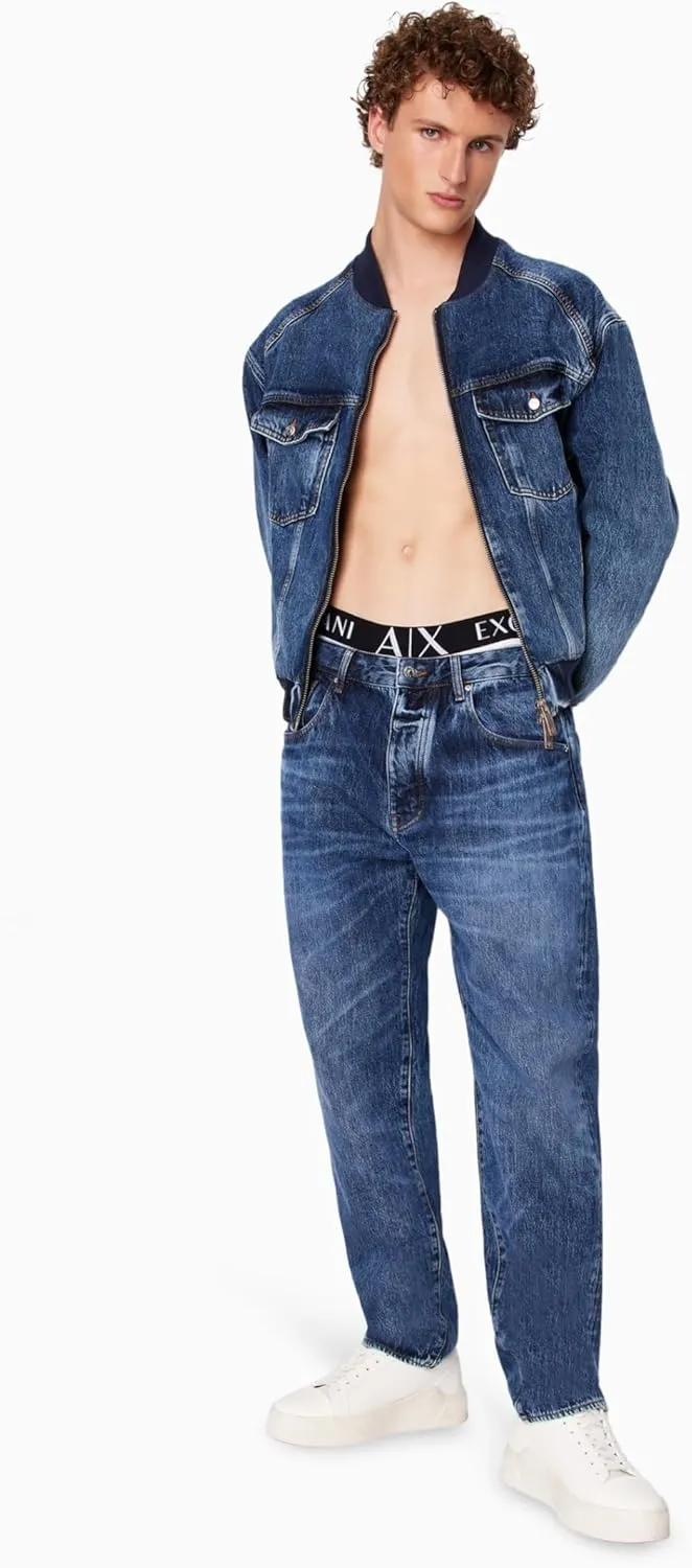 Armani Exchange Men's Limited Milano Edition Destressed Denim Bomber Jacket