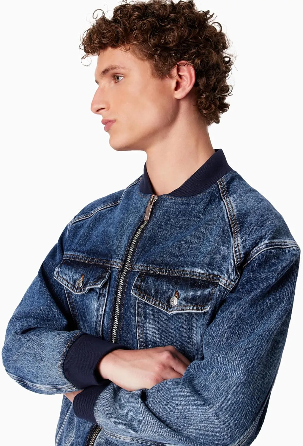 Armani Exchange Men's Limited Milano Edition Destressed Denim Bomber Jacket
