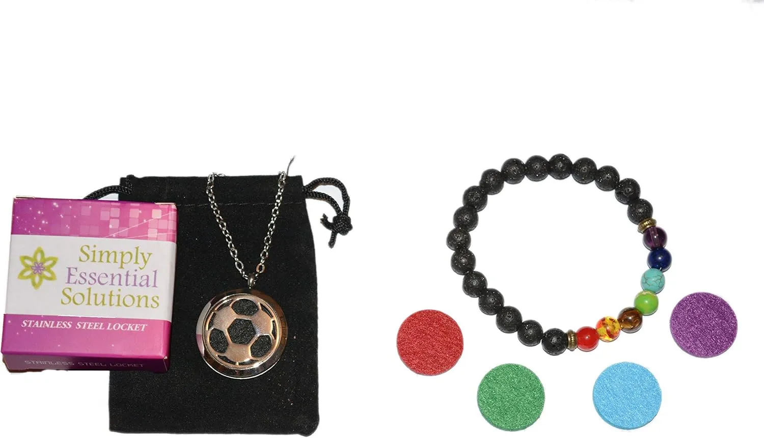 Aromatherapy Essential Oil Diffuser Stainless Steel 30MM Silver Magnetic Locket Pendant with Chain Necklace and Colored Refill Pads & Diffuser Bracelet All in a Velvet Bag (Soccer)