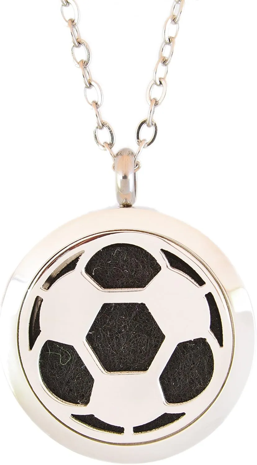 Aromatherapy Essential Oil Diffuser Stainless Steel 30MM Silver Magnetic Locket Pendant with Chain Necklace and Colored Refill Pads & Diffuser Bracelet All in a Velvet Bag (Soccer)