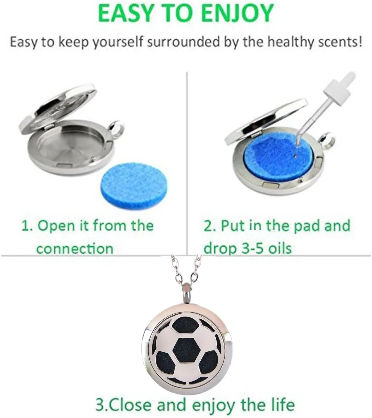 Aromatherapy Essential Oil Diffuser Stainless Steel 30MM Silver Magnetic Locket Pendant with Chain Necklace and Colored Refill Pads & Diffuser Bracelet All in a Velvet Bag (Soccer)