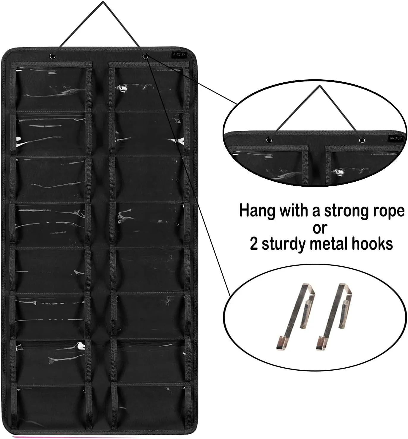 AROUY Sunglasses Organizer Storage, Hanging Dust Proof Wall Pocket Glasses Organizer - 16 Felt Slots Sunglass Organizer Holder with Metal Hook and Sturdy Rope (Black, Dust Proof)