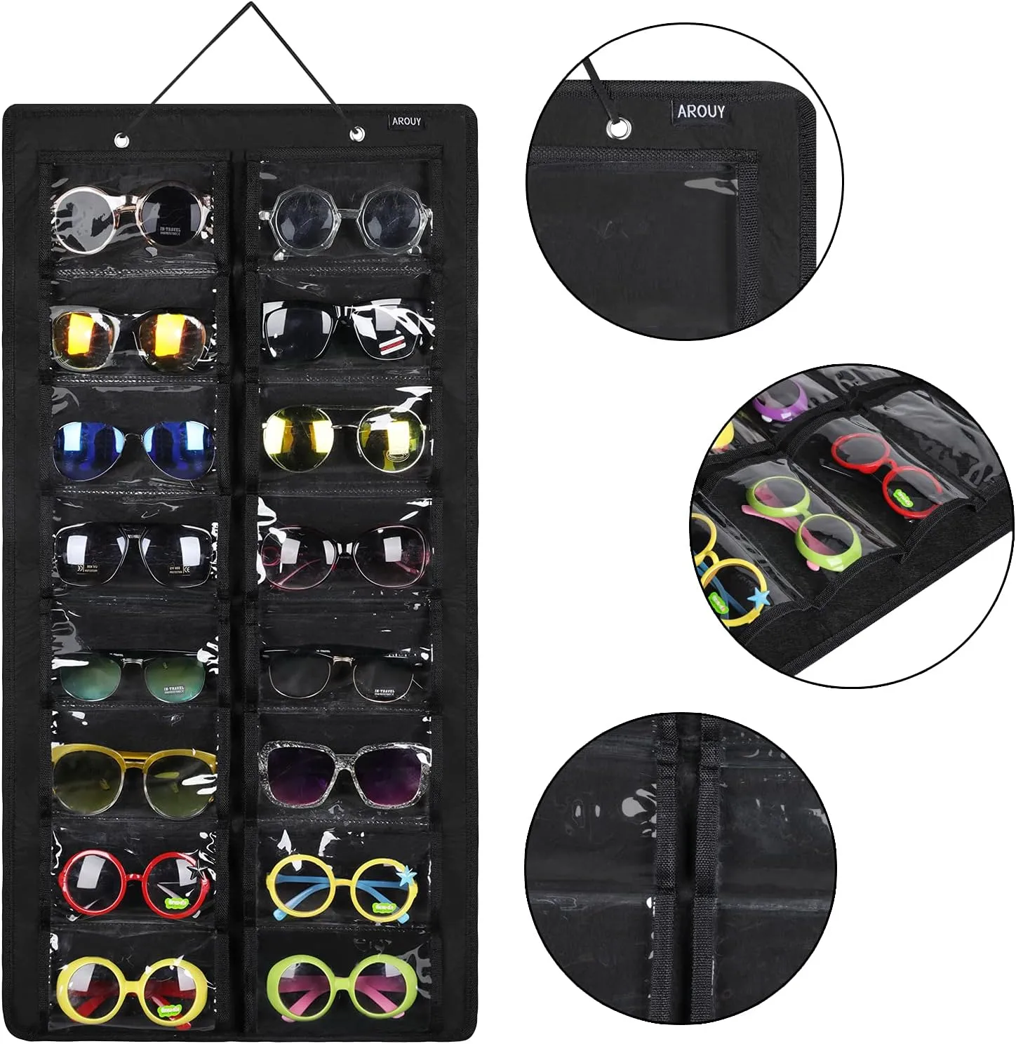 AROUY Sunglasses Organizer Storage, Hanging Dust Proof Wall Pocket Glasses Organizer - 16 Felt Slots Sunglass Organizer Holder with Metal Hook and Sturdy Rope (Black, Dust Proof)