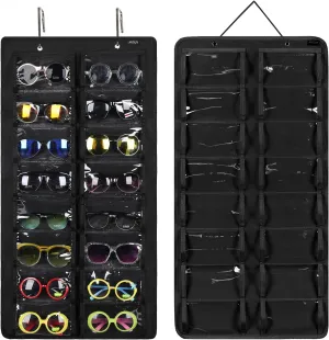AROUY Sunglasses Organizer Storage, Hanging Dust Proof Wall Pocket Glasses Organizer - 16 Felt Slots Sunglass Organizer Holder with Metal Hook and Sturdy Rope (Black, Dust Proof)