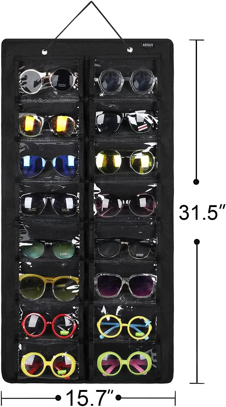 AROUY Sunglasses Organizer Storage, Hanging Dust Proof Wall Pocket Glasses Organizer - 16 Felt Slots Sunglass Organizer Holder with Metal Hook and Sturdy Rope (Black, Dust Proof)