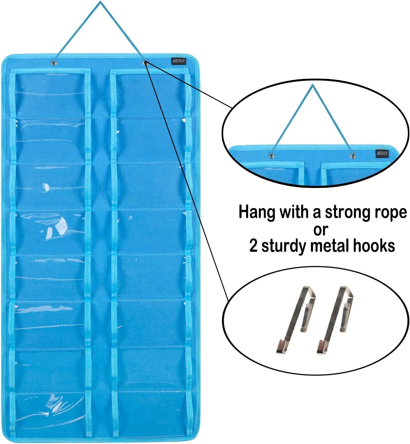 AROUY Sunglasses Organizer Storage - Hanging Dust Proof Wall Pocket With 16 Felt Slots, Metal Hook and Sturdy Rope (Light Blue)