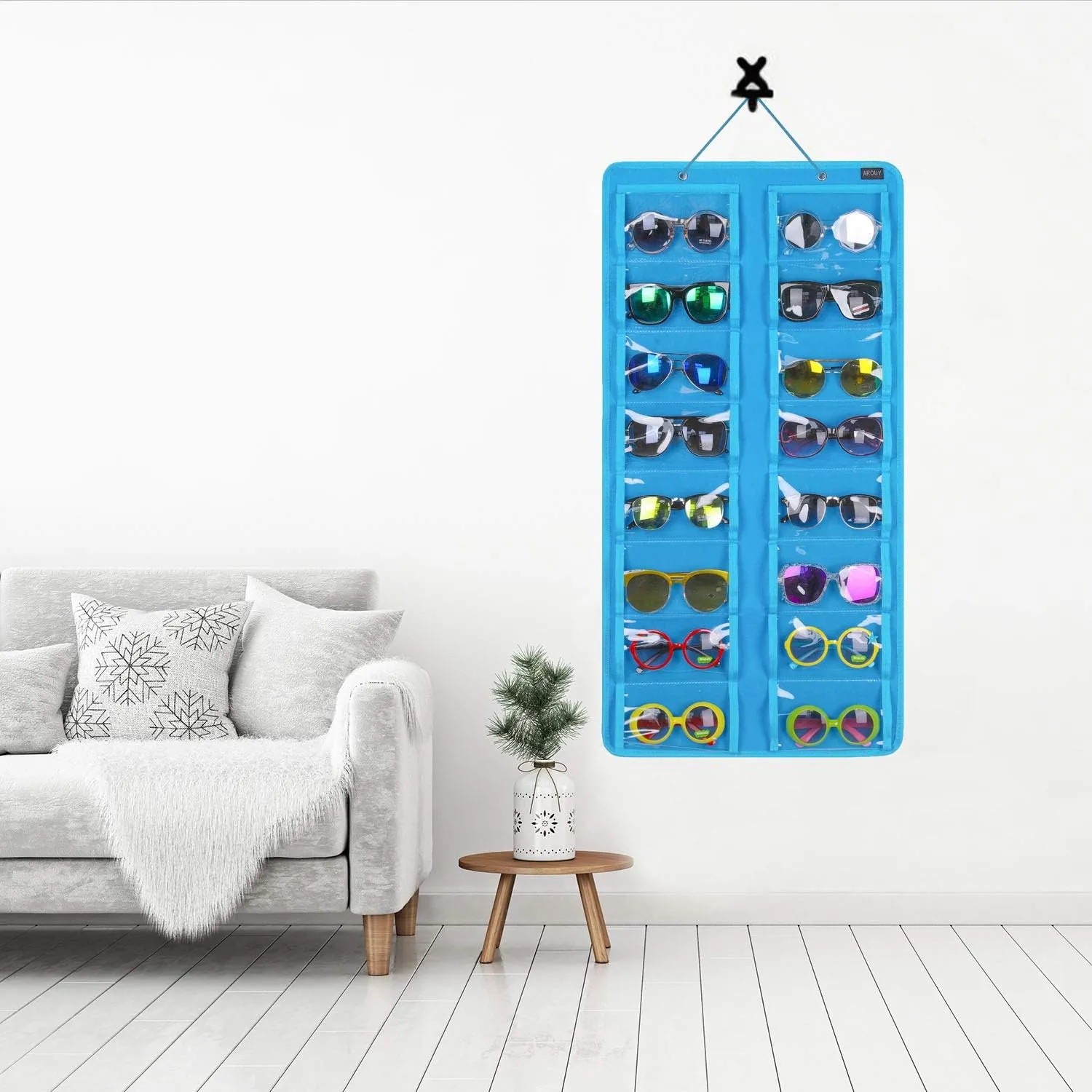 AROUY Sunglasses Organizer Storage - Hanging Dust Proof Wall Pocket With 16 Felt Slots, Metal Hook and Sturdy Rope (Light Blue)