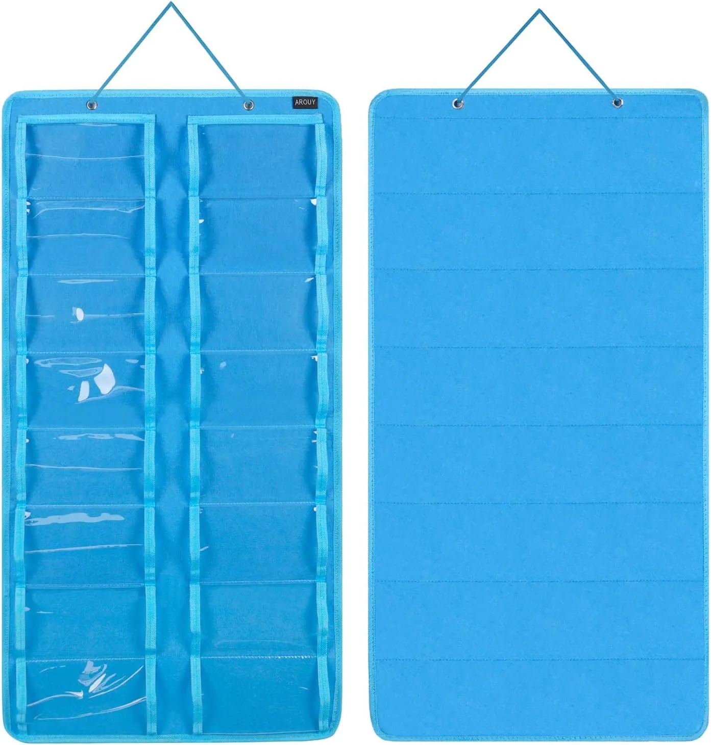 AROUY Sunglasses Organizer Storage - Hanging Dust Proof Wall Pocket With 16 Felt Slots, Metal Hook and Sturdy Rope (Light Blue)