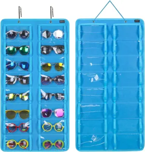 AROUY Sunglasses Organizer Storage - Hanging Dust Proof Wall Pocket With 16 Felt Slots, Metal Hook and Sturdy Rope (Light Blue)