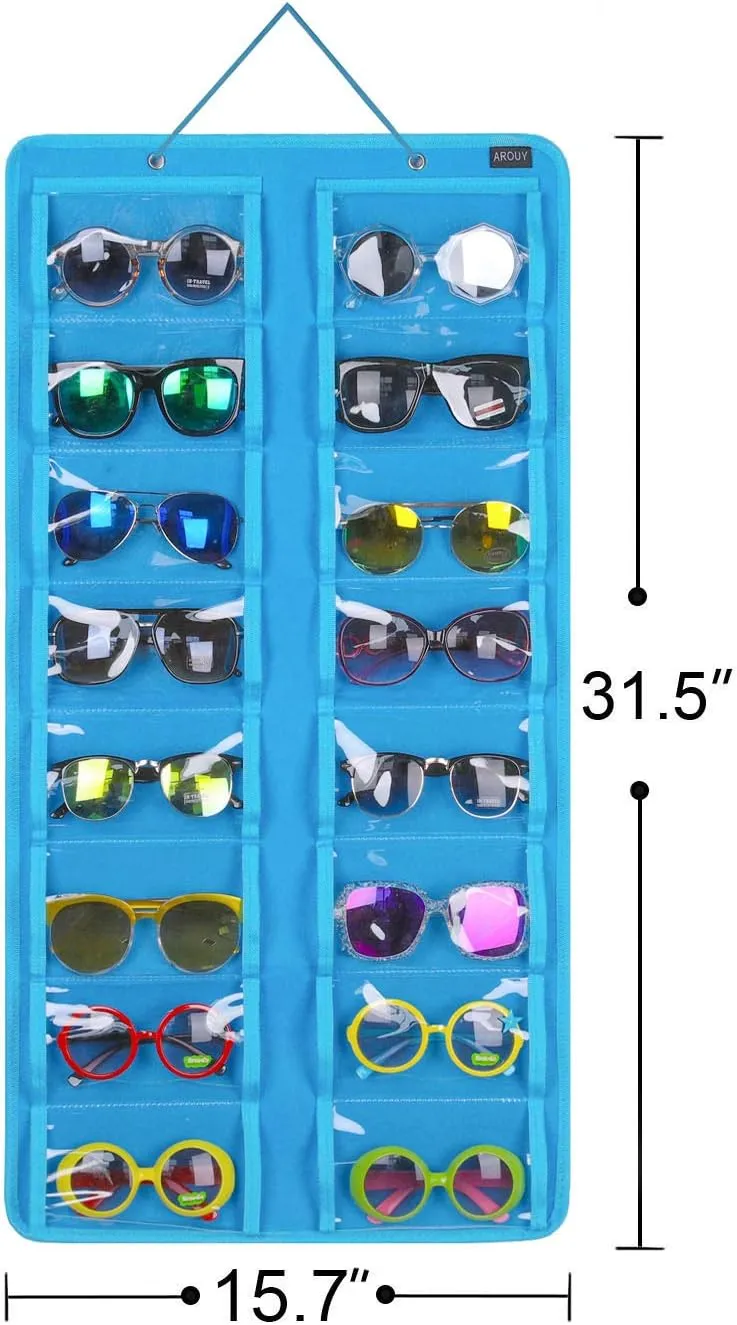 AROUY Sunglasses Organizer Storage - Hanging Dust Proof Wall Pocket With 16 Felt Slots, Metal Hook and Sturdy Rope (Light Blue)