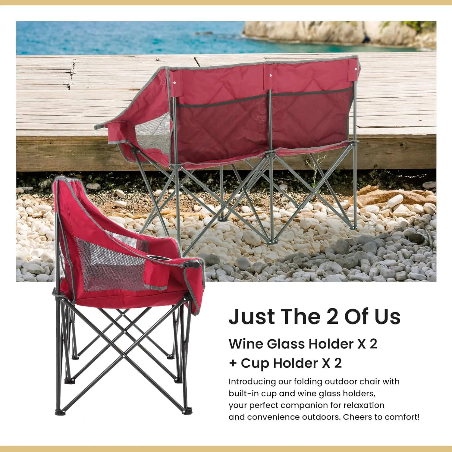 ARROWHEAD OUTDOOR Portable Folding Double Duo Camping Chair Loveseat w/ 2 Cup & Wine Glass Holder, Heavy-Duty Carrying Bag, Padded Seats & Armrests, Supports up to 650lbs, USA-Based Support