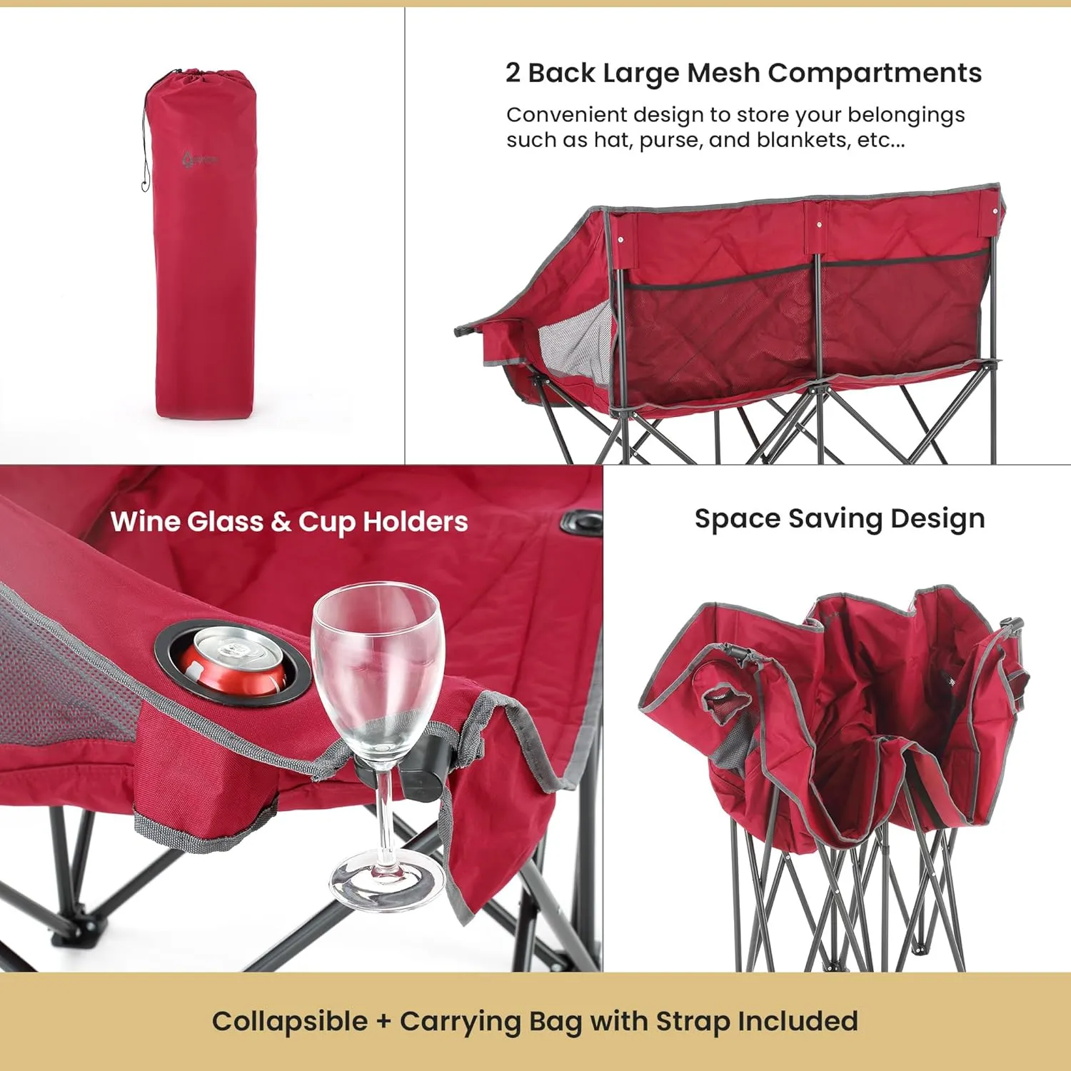 ARROWHEAD OUTDOOR Portable Folding Double Duo Camping Chair Loveseat w/ 2 Cup & Wine Glass Holder, Heavy-Duty Carrying Bag, Padded Seats & Armrests, Supports up to 650lbs, USA-Based Support