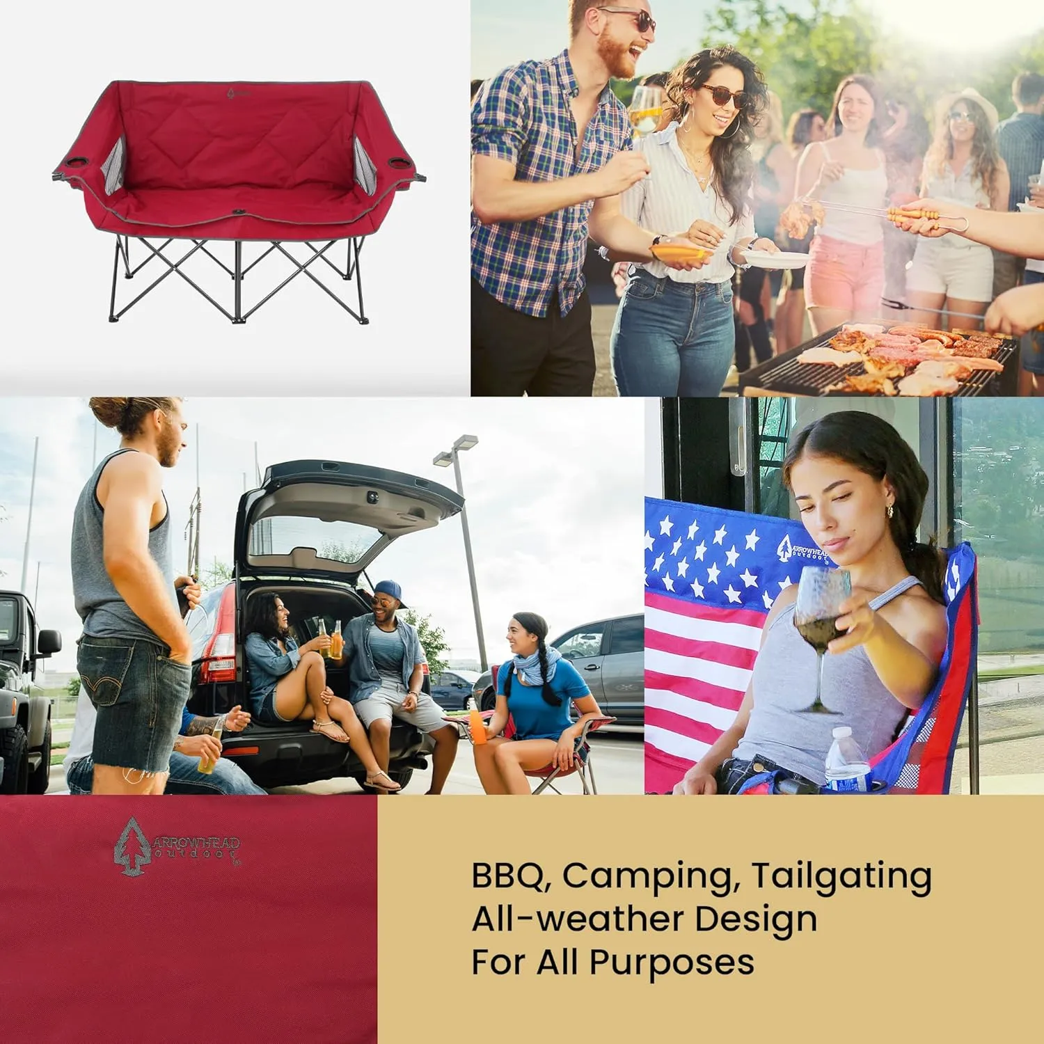 ARROWHEAD OUTDOOR Portable Folding Double Duo Camping Chair Loveseat w/ 2 Cup & Wine Glass Holder, Heavy-Duty Carrying Bag, Padded Seats & Armrests, Supports up to 650lbs, USA-Based Support