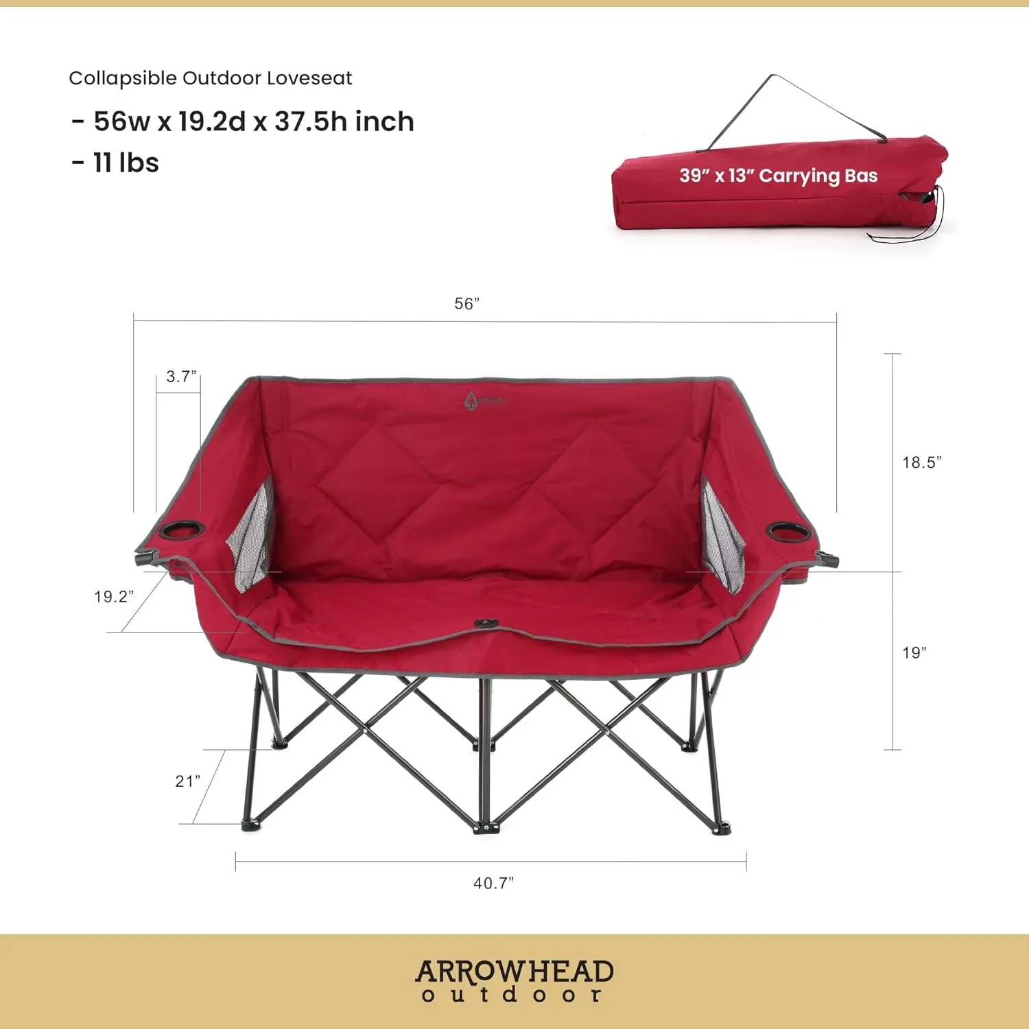 ARROWHEAD OUTDOOR Portable Folding Double Duo Camping Chair Loveseat w/ 2 Cup & Wine Glass Holder, Heavy-Duty Carrying Bag, Padded Seats & Armrests, Supports up to 650lbs, USA-Based Support