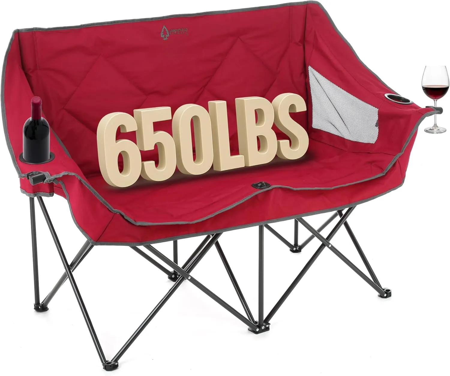 ARROWHEAD OUTDOOR Portable Folding Double Duo Camping Chair Loveseat w/ 2 Cup & Wine Glass Holder, Heavy-Duty Carrying Bag, Padded Seats & Armrests, Supports up to 650lbs, USA-Based Support