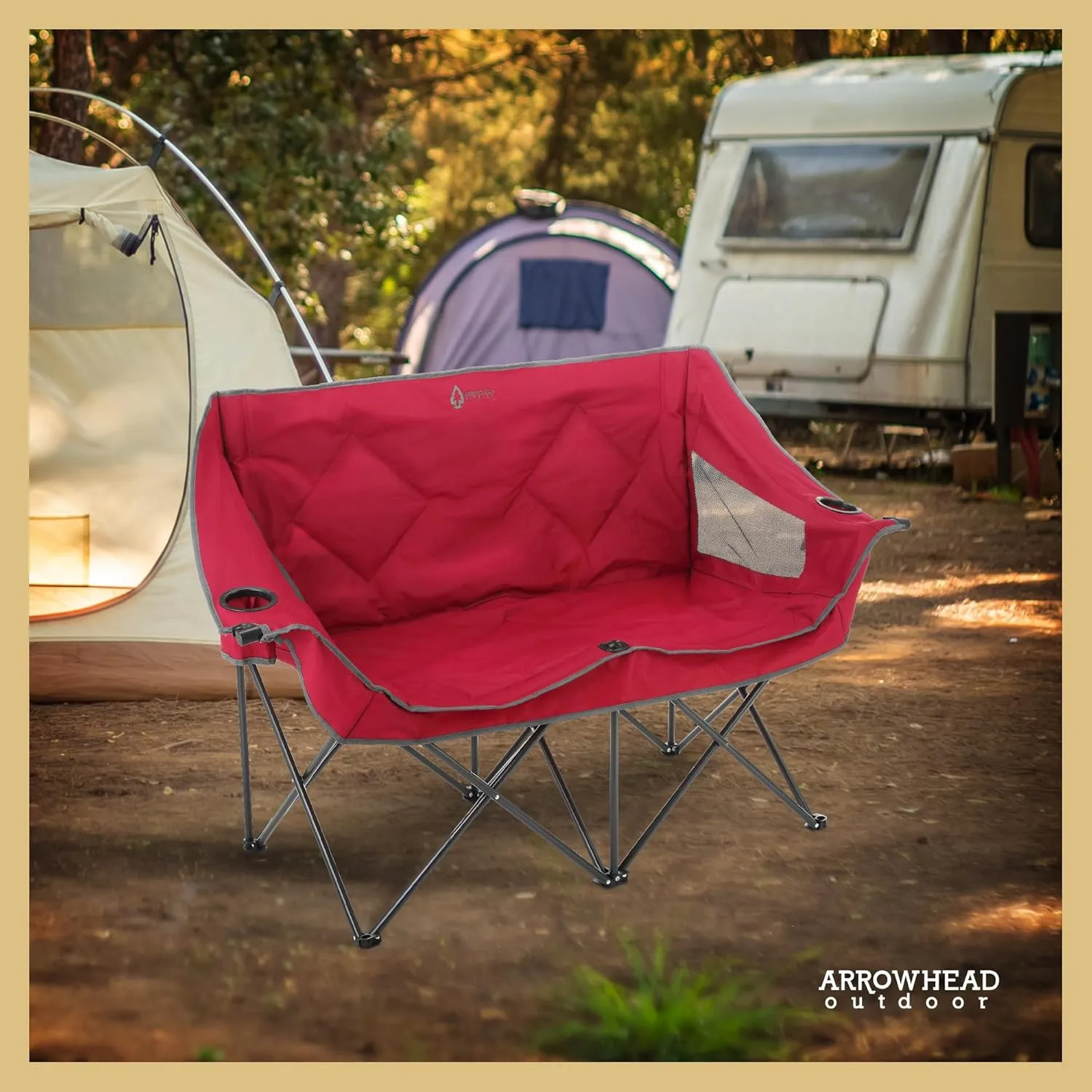 ARROWHEAD OUTDOOR Portable Folding Double Duo Camping Chair Loveseat w/ 2 Cup & Wine Glass Holder, Heavy-Duty Carrying Bag, Padded Seats & Armrests, Supports up to 650lbs, USA-Based Support