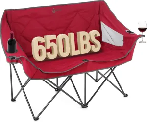 ARROWHEAD OUTDOOR Portable Folding Double Duo Camping Chair Loveseat w/ 2 Cup & Wine Glass Holder, Heavy-Duty Carrying Bag, Padded Seats & Armrests, Supports up to 650lbs, USA-Based Support