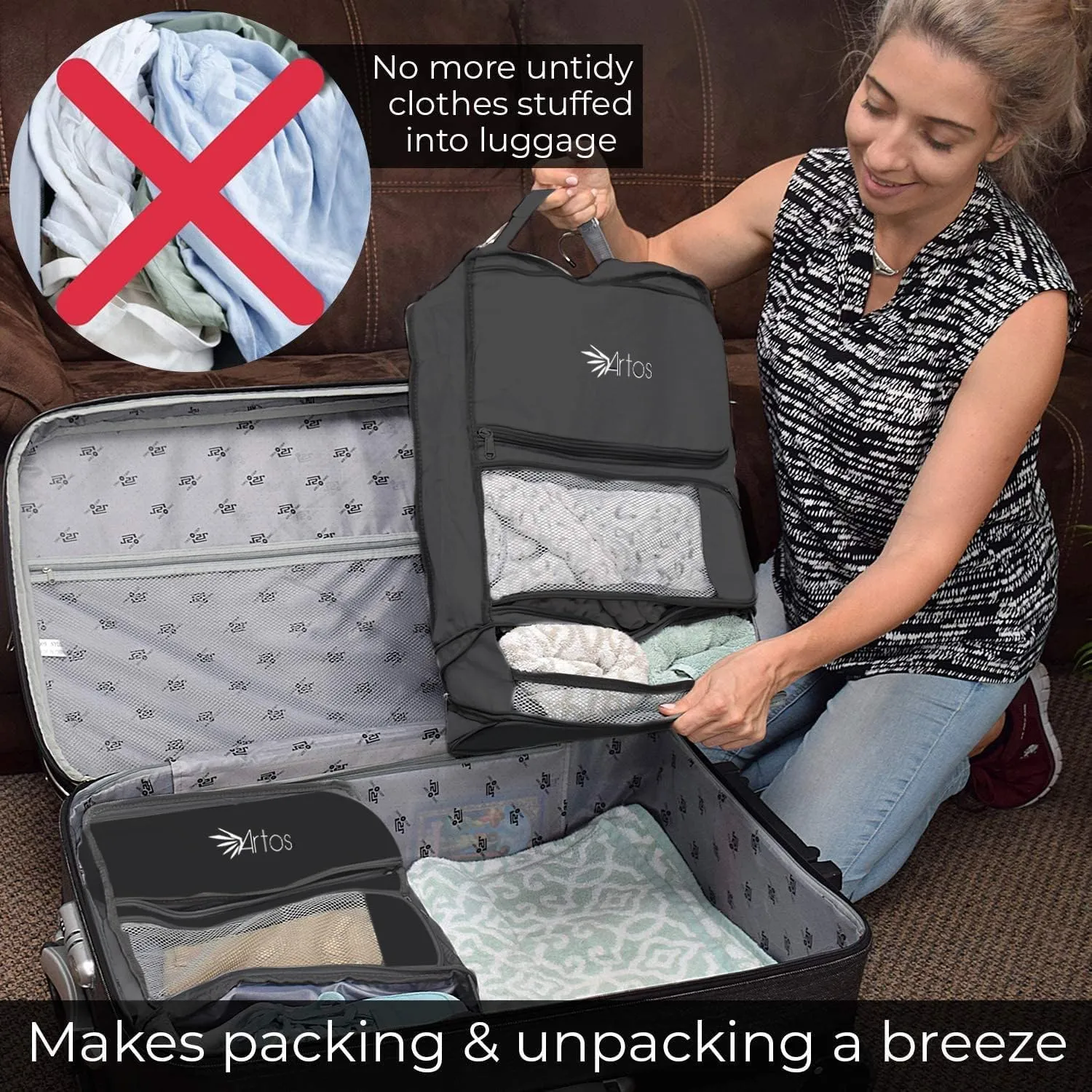 Artos Hanging Portable Luggage Suitcase Carry On Closet Shelving Organizer w/Hooks| for Travel, Camper, RV |Packing Cube(Black)
