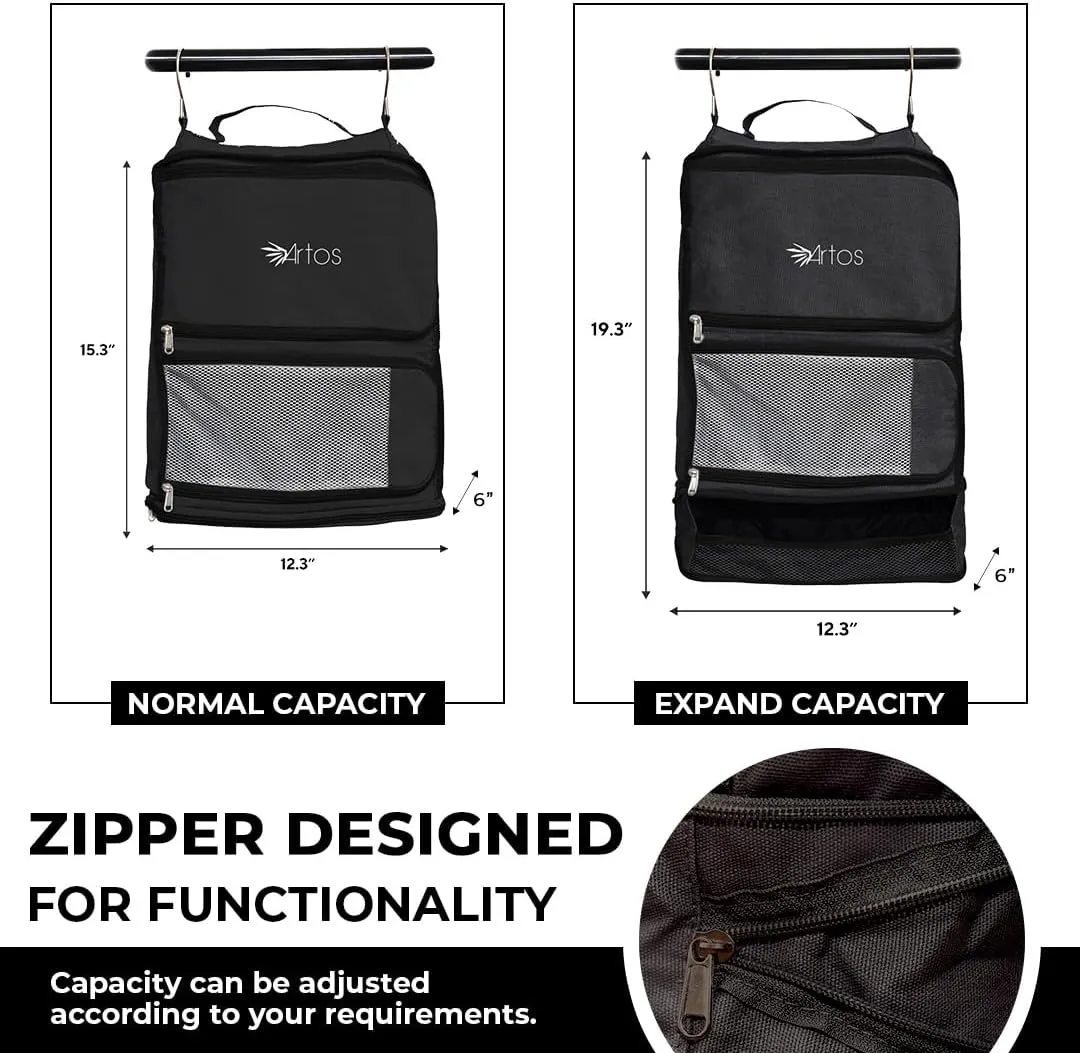 Artos Hanging Portable Luggage Suitcase Carry On Closet Shelving Organizer w/Hooks| for Travel, Camper, RV |Packing Cube(Black)