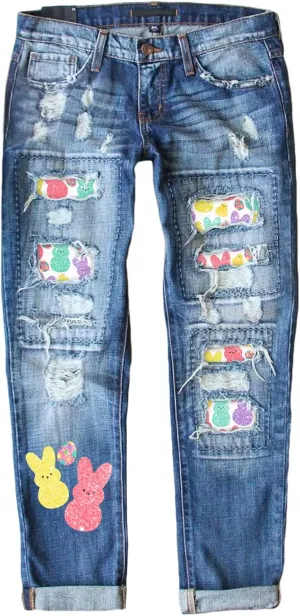 Astylish Womens Plaid Patch Ripped Boyfriend Distressed Stretch Skinny Denim Jeans with Hole