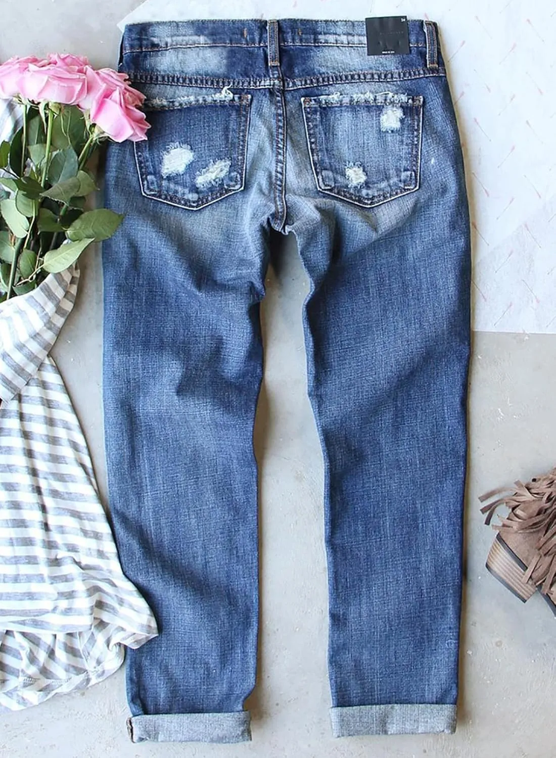 Astylish Womens Plaid Patch Ripped Boyfriend Distressed Stretch Skinny Denim Jeans with Hole