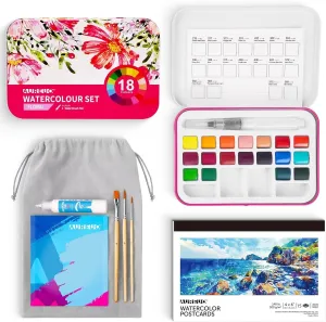 AUREUO Travel Watercolor Set - 18 Floral Color Watercolor Paint Set with Brushes, Watercolor Postcards, Masking Pen & Tote Bag - Water Color Painting Kit for Adults, Beginners, Professionals