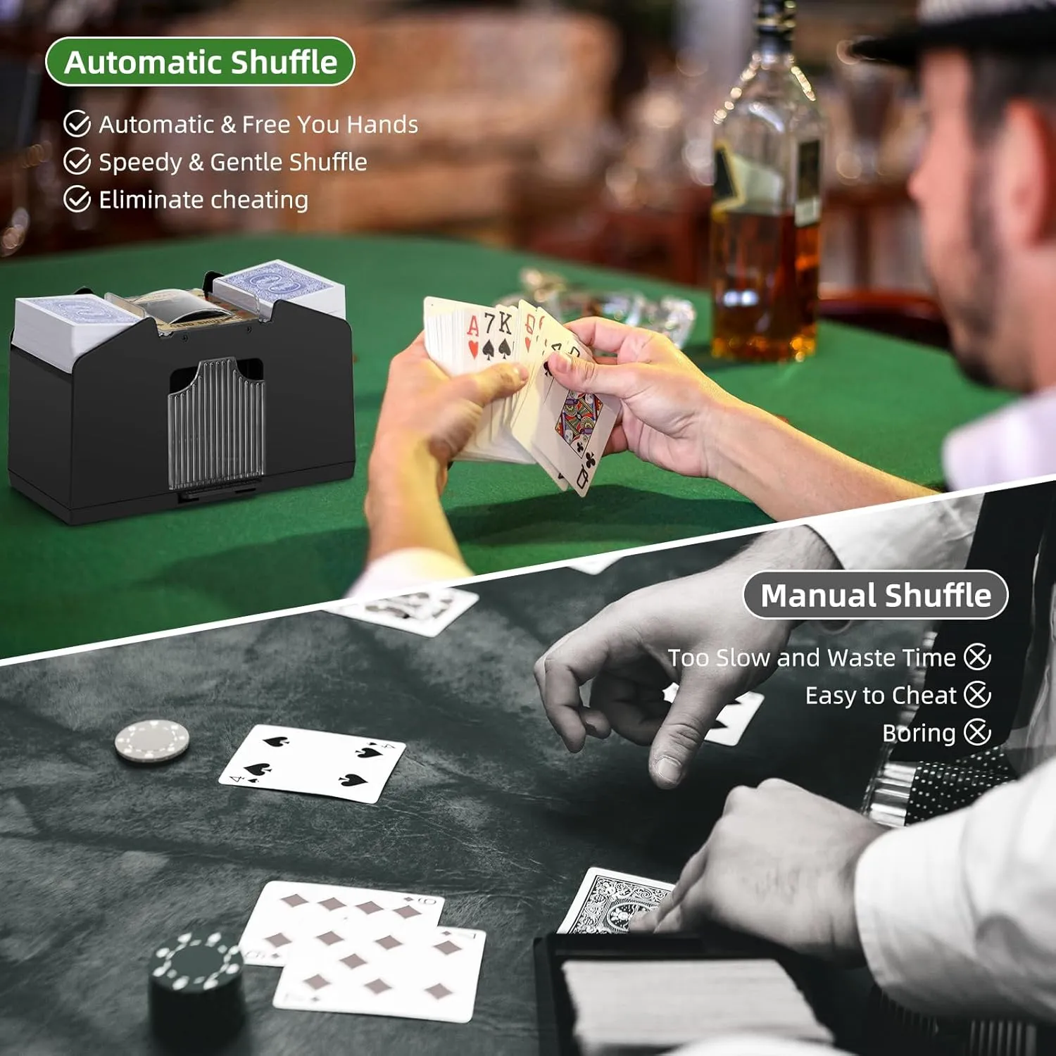 Automatic Card Shuffler 1/2/4 Decks,Battery Operated Electric Playing Card Shuffler for UNO,Casino Card Game,Poker,Phase 10,Blackjack,Texas Hold'em,Home Card Games