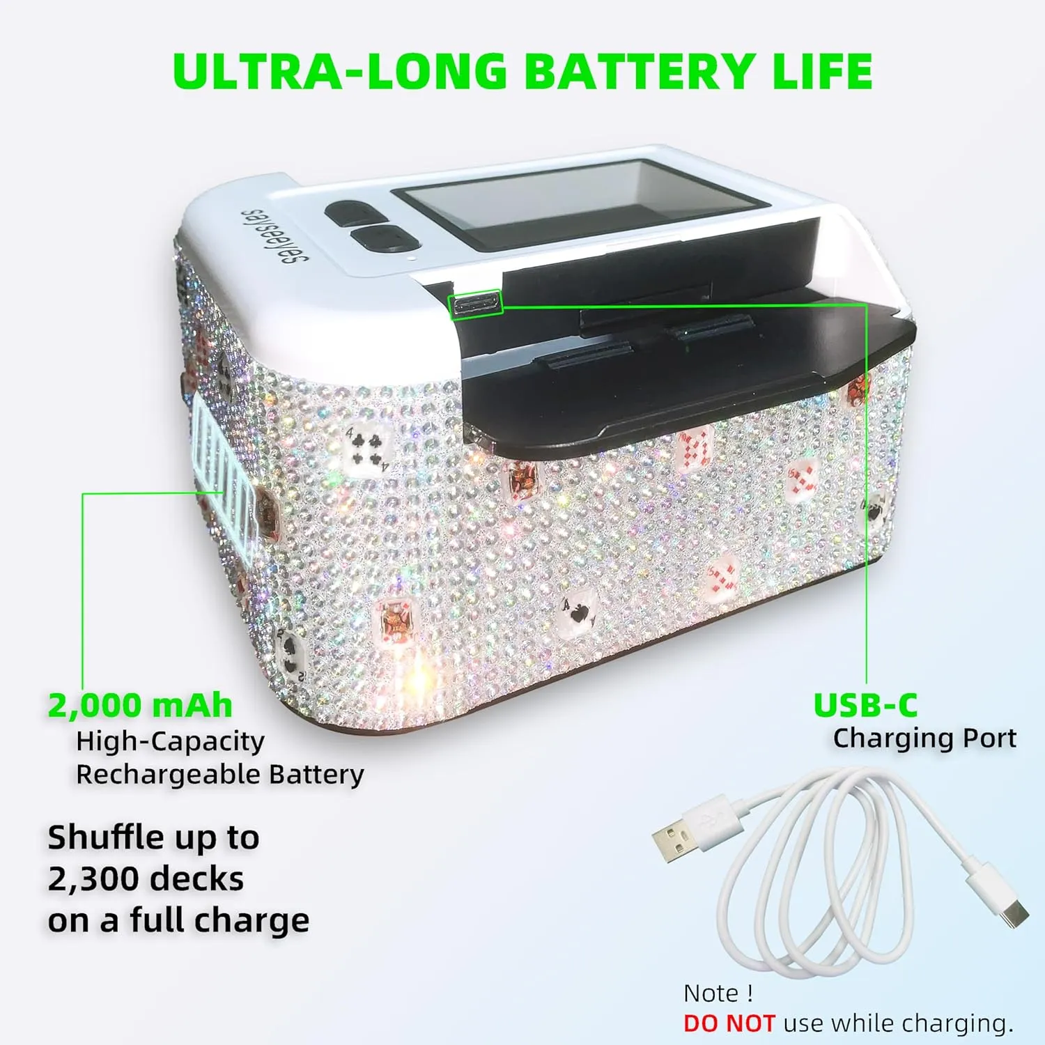 Automatic Card Shuffler Electric Shuffling Machine with Shiny Rhinstones, Rechargeable Portable Shuffler Machine for Poker, UNO, Blackjack, Skip-Bo, Phase 10 for 1-2 Decks