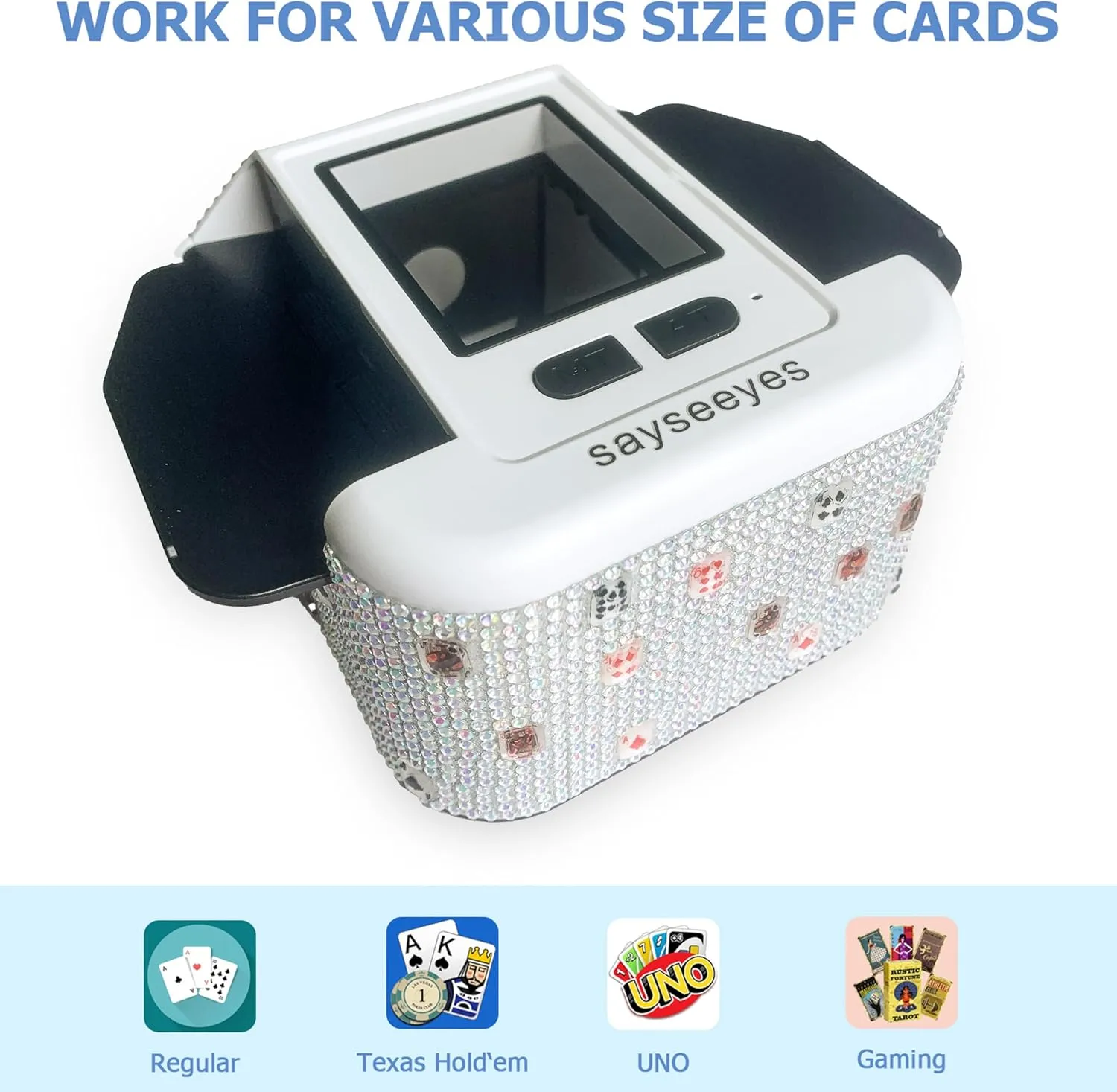 Automatic Card Shuffler Electric Shuffling Machine with Shiny Rhinstones, Rechargeable Portable Shuffler Machine for Poker, UNO, Blackjack, Skip-Bo, Phase 10 for 1-2 Decks