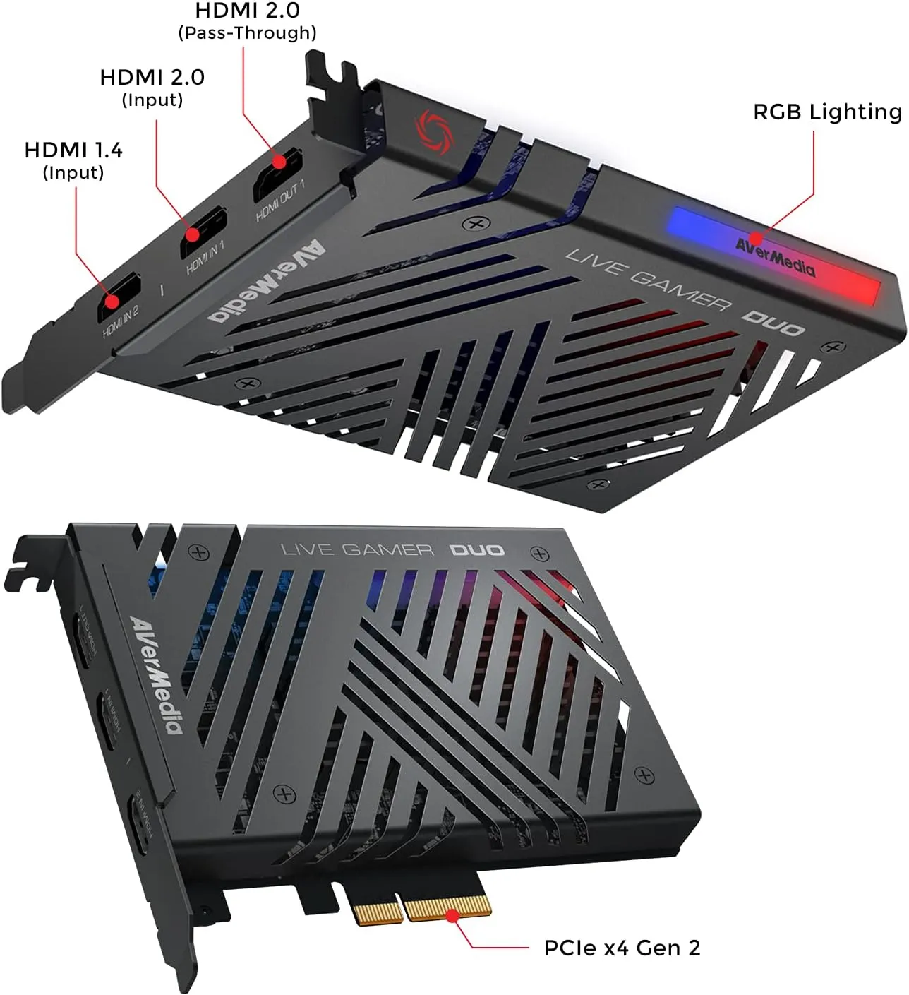 AVerMedia Live Gamer Duo. Dual HDMI 1080p PCIe Video Capture Card, Stream with 4k60 HDR and FHD 240fps Pass-Through, Work with DSLR, Xbox Series x/s, PS5, Nintendo Switch, Windows 11 (GC570D)