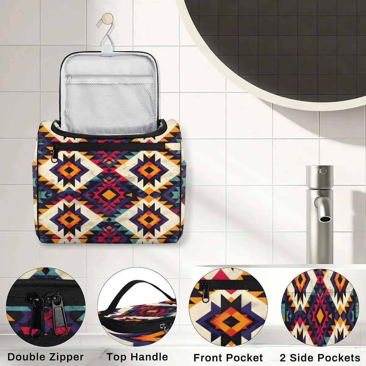 Aztec Toiletry Bag for Women and Men, Hanging Travel Makeup Bag, Western Boho Travel Toiletry Organizer Bag, Makeup Organizer Bag for Cosmetics