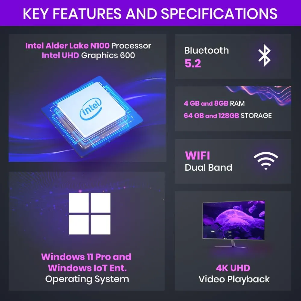 AZULLE Access4 Pro Zoom Mini PC Stick 4GB/64GB – Business & Home Video Powerful Portable Computer with Ethernet Port- Gemini Lake J4125 Processor