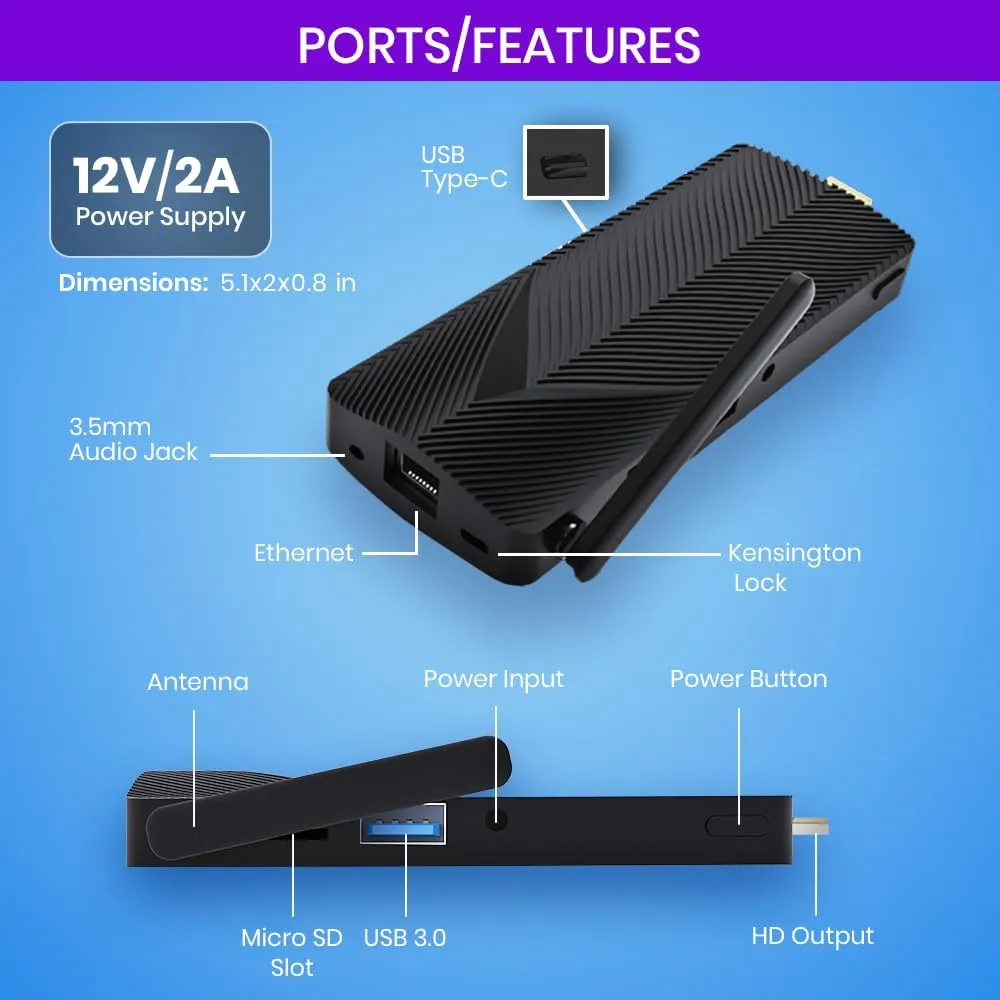 AZULLE Access4 Pro Zoom Mini PC Stick 4GB/64GB – Business & Home Video Powerful Portable Computer with Ethernet Port- Gemini Lake J4125 Processor