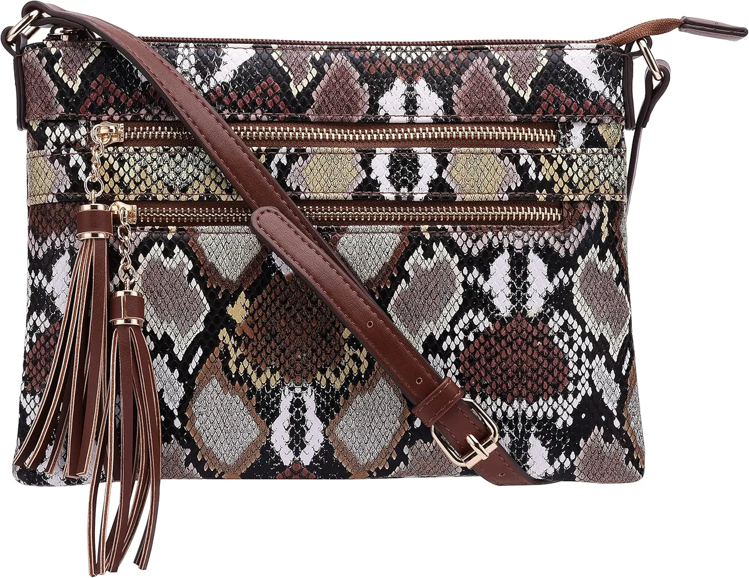 B BRENTANO Vegan Multi-Zipper Crossbody Handbag Purse with Tassel Accents