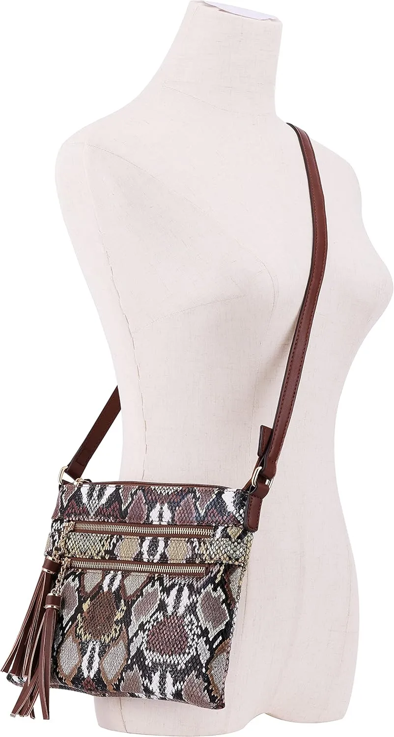 B BRENTANO Vegan Multi-Zipper Crossbody Handbag Purse with Tassel Accents