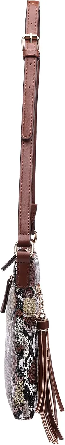B BRENTANO Vegan Multi-Zipper Crossbody Handbag Purse with Tassel Accents