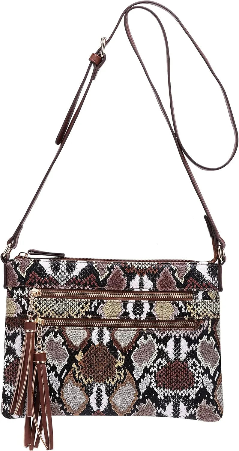 B BRENTANO Vegan Multi-Zipper Crossbody Handbag Purse with Tassel Accents