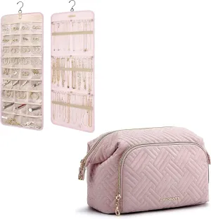 BAGSMART Hanging Jewelry Organizer with Makeup Bag, Storage Roll with Hanger Metal Hooks Cosmetic Bag Make Up Organizer Case Double-Sided Jewelry Holder for Earrings