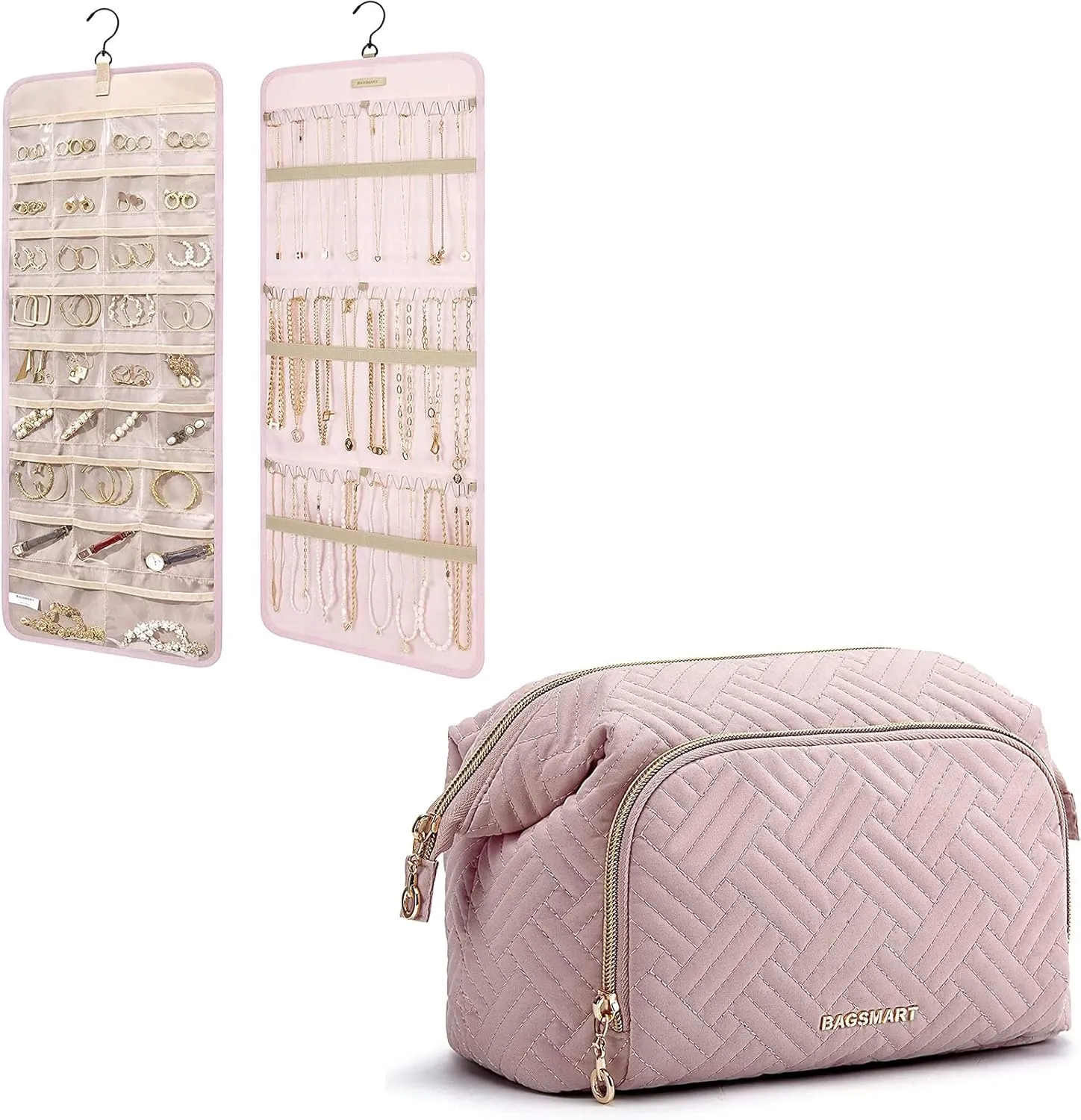 BAGSMART Hanging Jewelry Organizer with Makeup Bag, Storage Roll with Hanger Metal Hooks Cosmetic Bag Make Up Organizer Case Double-Sided Jewelry Holder for Earrings