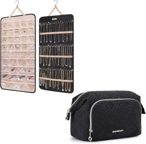 BAGSMART Hanging Jewelry Organizer with Travel Makeup Bag, Cosmetic Bag Make Up Organizer Case Storage Roll with Hanger Metal Hooks Double-Sided Jewelry Holder